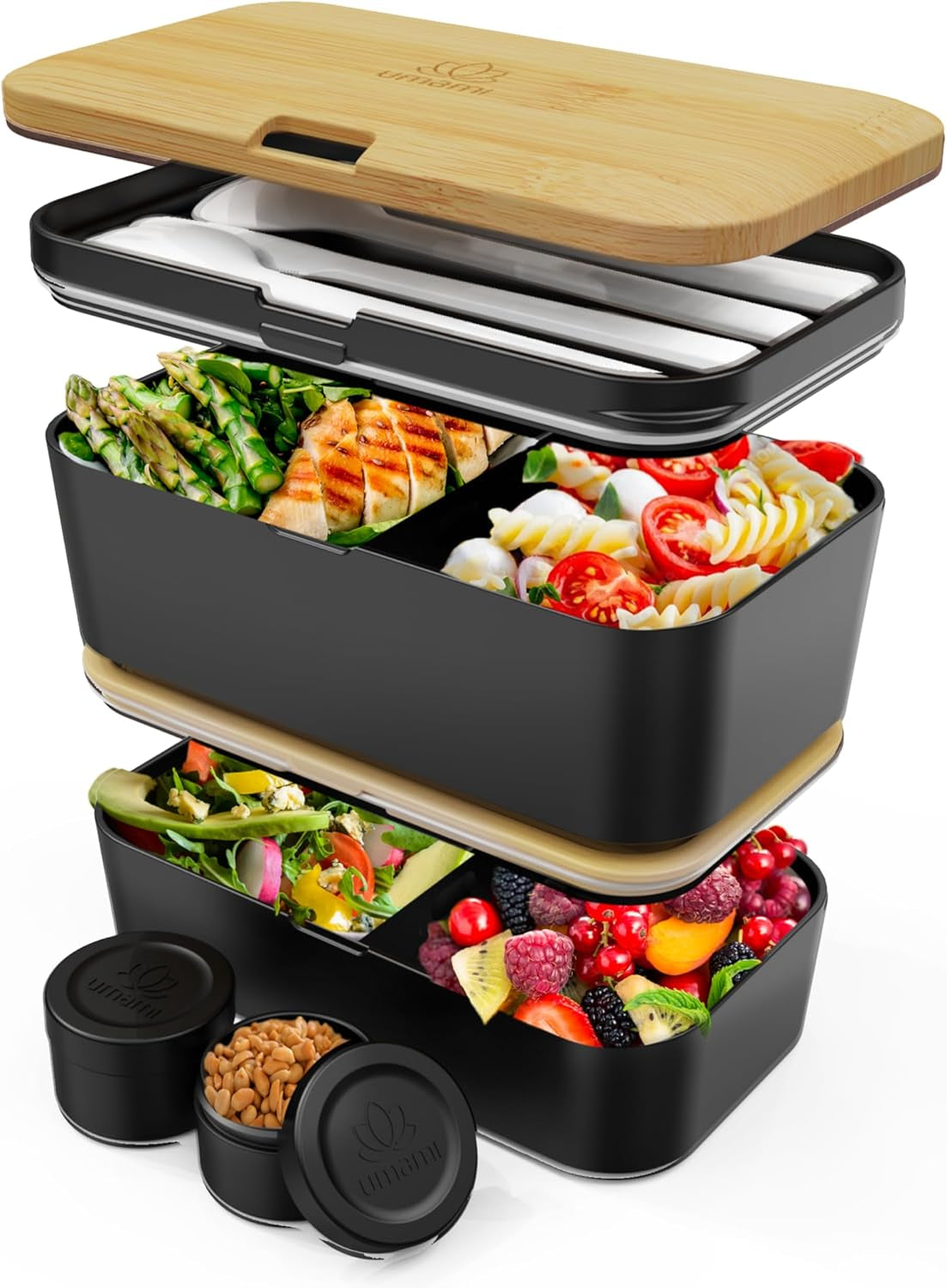 Umami Boîte à déjeuner pour adultes, boîte à bento empilable étanche avec 4 couverts et compartiments, boîte à déjeuner adulte, récipient à salade à emporter, boîte à déjeuner pique-nique/bureau, gris anthracite, 1500 ml