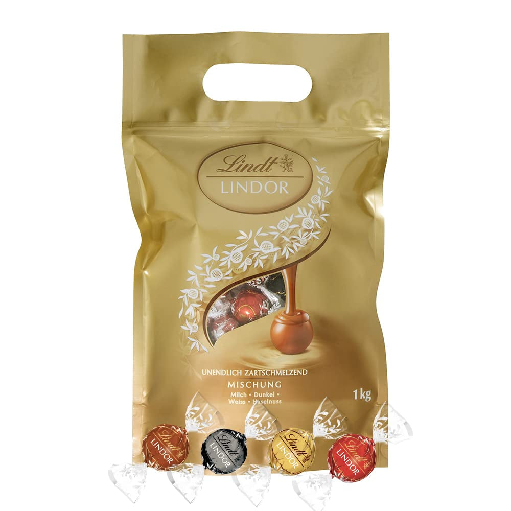 Mélange de chocolat LINDOR | 1371g | Env. 109 boules : Mélange classique pour boules de chocolat au lait et LINDOR | Env. 80 boules de chocolat (lait, blanc, noir 60%, noisette) | Emballage en vrac, 1 kg