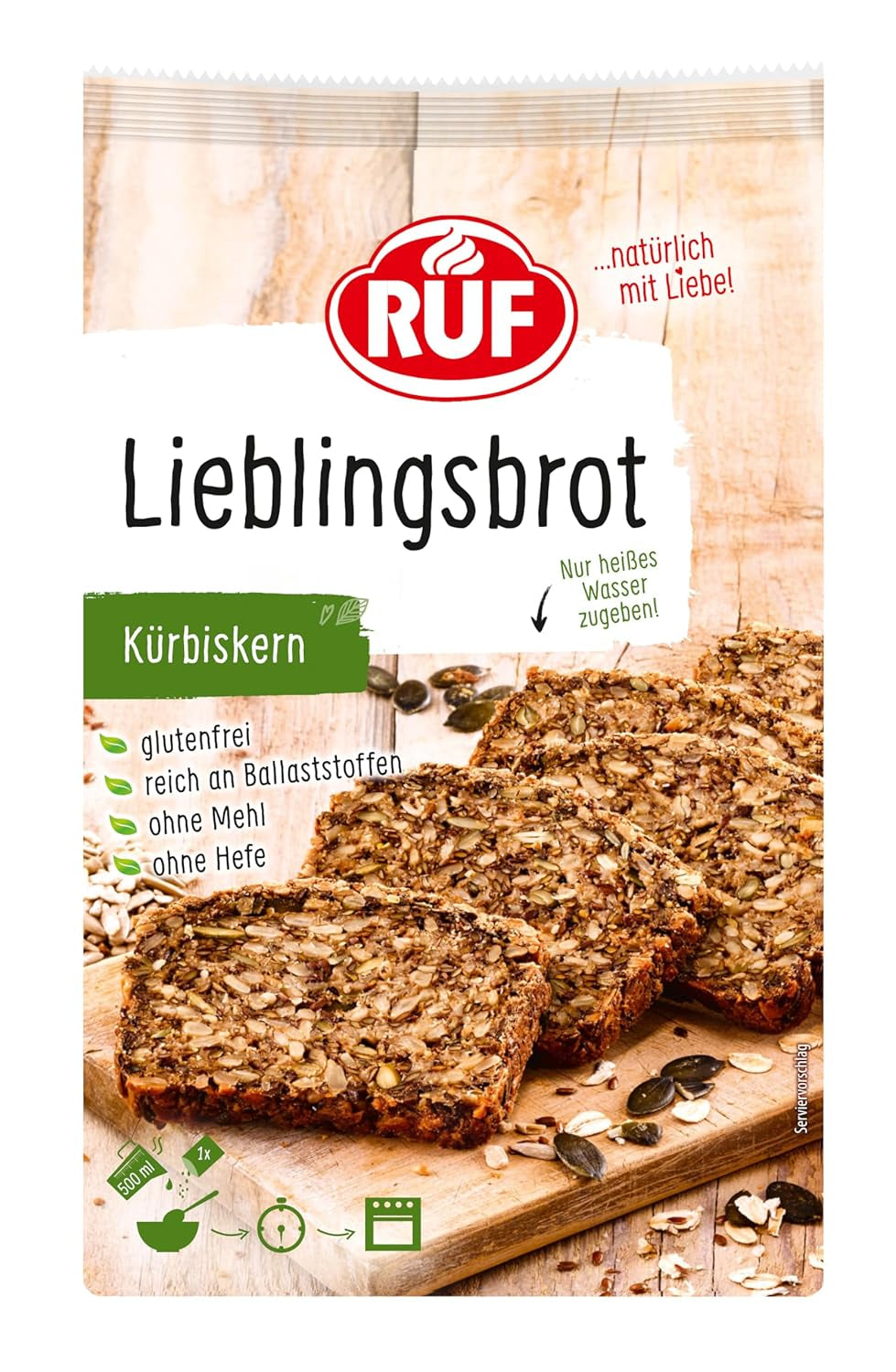 RUF Lieblingsbrot Protein, Brot-Backmischung, Brotmischung, Brotteig-Mischung, Proteinreiches Brot, Glutenfrei, Ohne Mehl & Hefe, 1 X 500G Naty Shop 600 G (1Er Pack) Kà¼Rbiskern