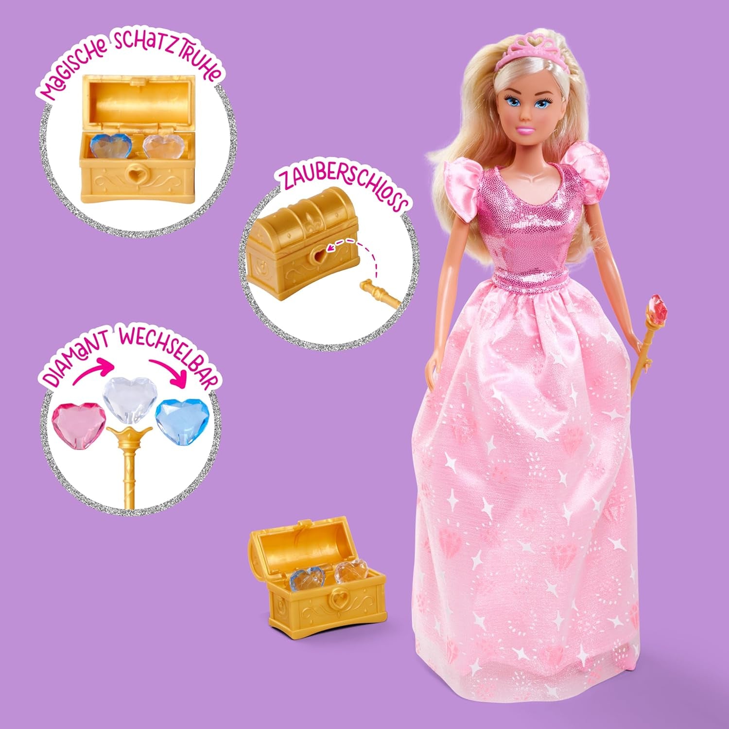 Simba Steffi Love Princess Diamond Princess Play Doll avec coffre au trésor magique, sceptre et diamants, 29 cm, à partir de 3 ans