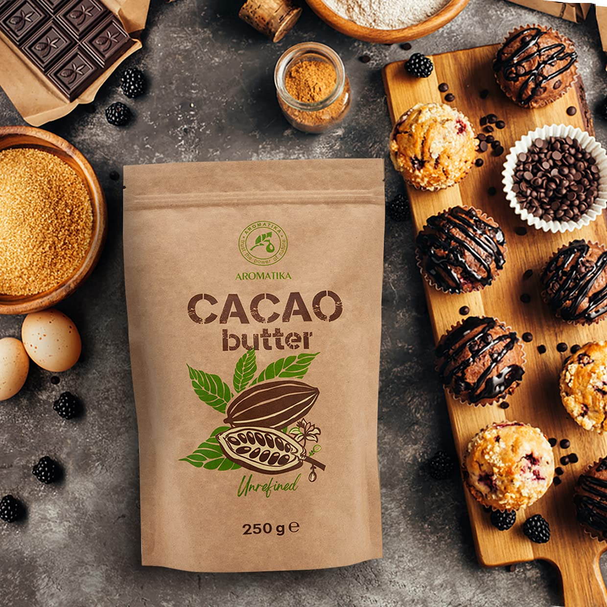 Kakaobutter - 250g - Theobroma Cacao - Raw Cacaobutter - Kakao Butter in Stücken - Kaltgepresst - Unraffiniert - Rein und Naturlich - für Speisen und Hautpflege - Cacao Butter