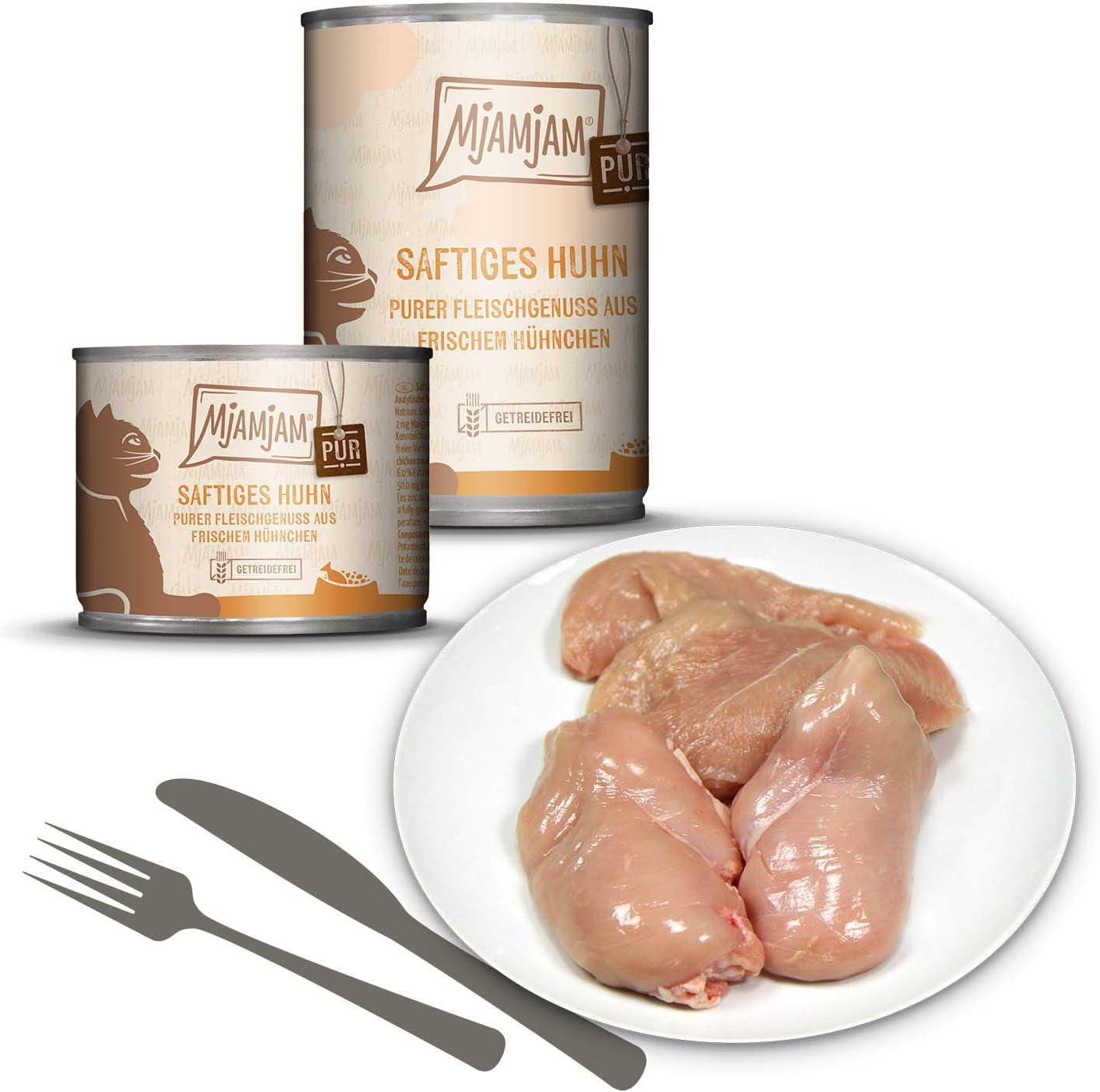 MjAMjAM - Nourriture humide de qualité supérieure pour chats - Plaisir de la viande pure - Paquet de 6 poulets juteux (6 x 800 g) sans céréales avec viande supplémentaire