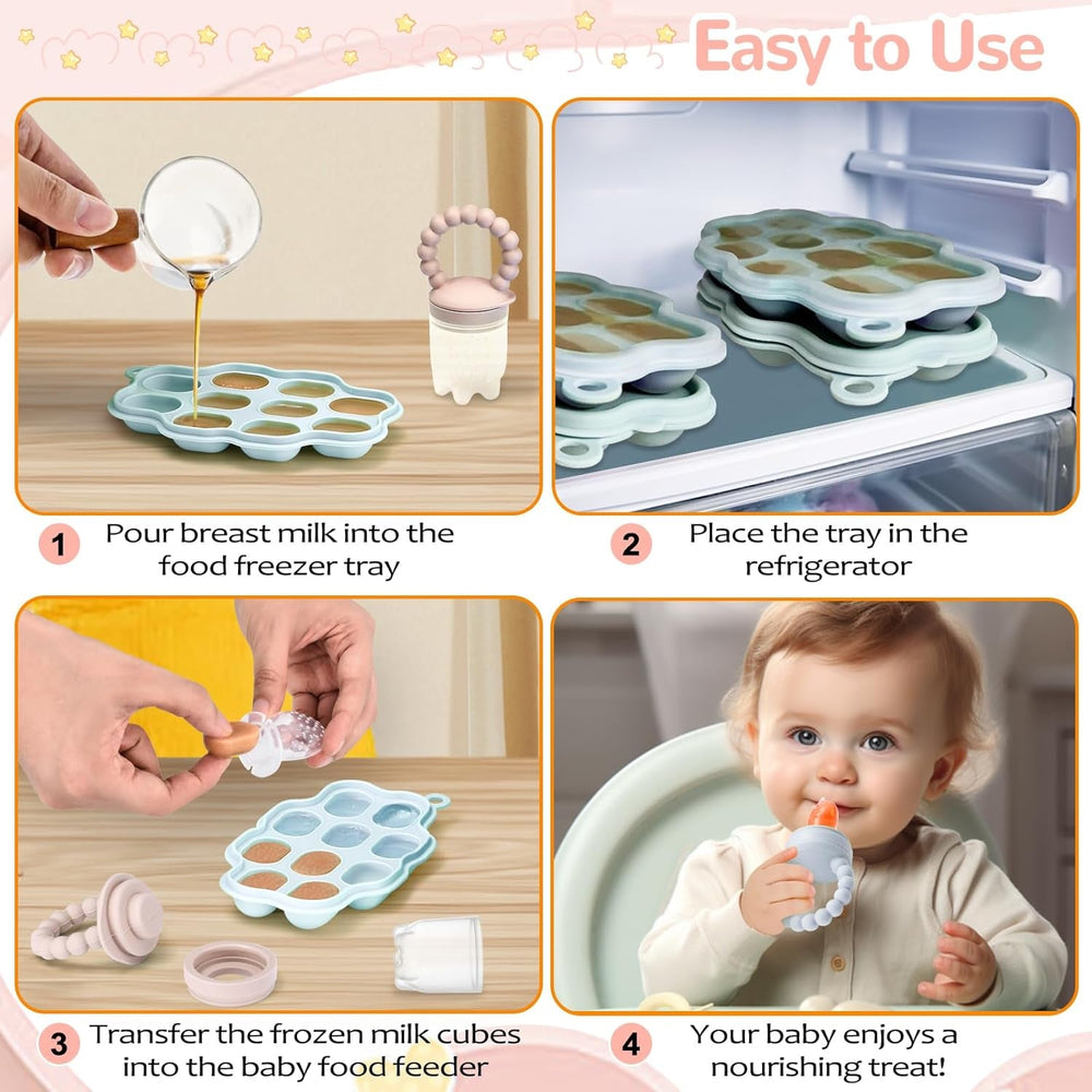 Mangeoire à lait maternel pour bébé, mangeoire à fruits, contient 2 mangeoires à fruits en silicone, stockage des aliments pour bébé, jouet de dentition pour bébé, 5 tétines en silicone en 3 tailles, sans BPA (bleu et rose)