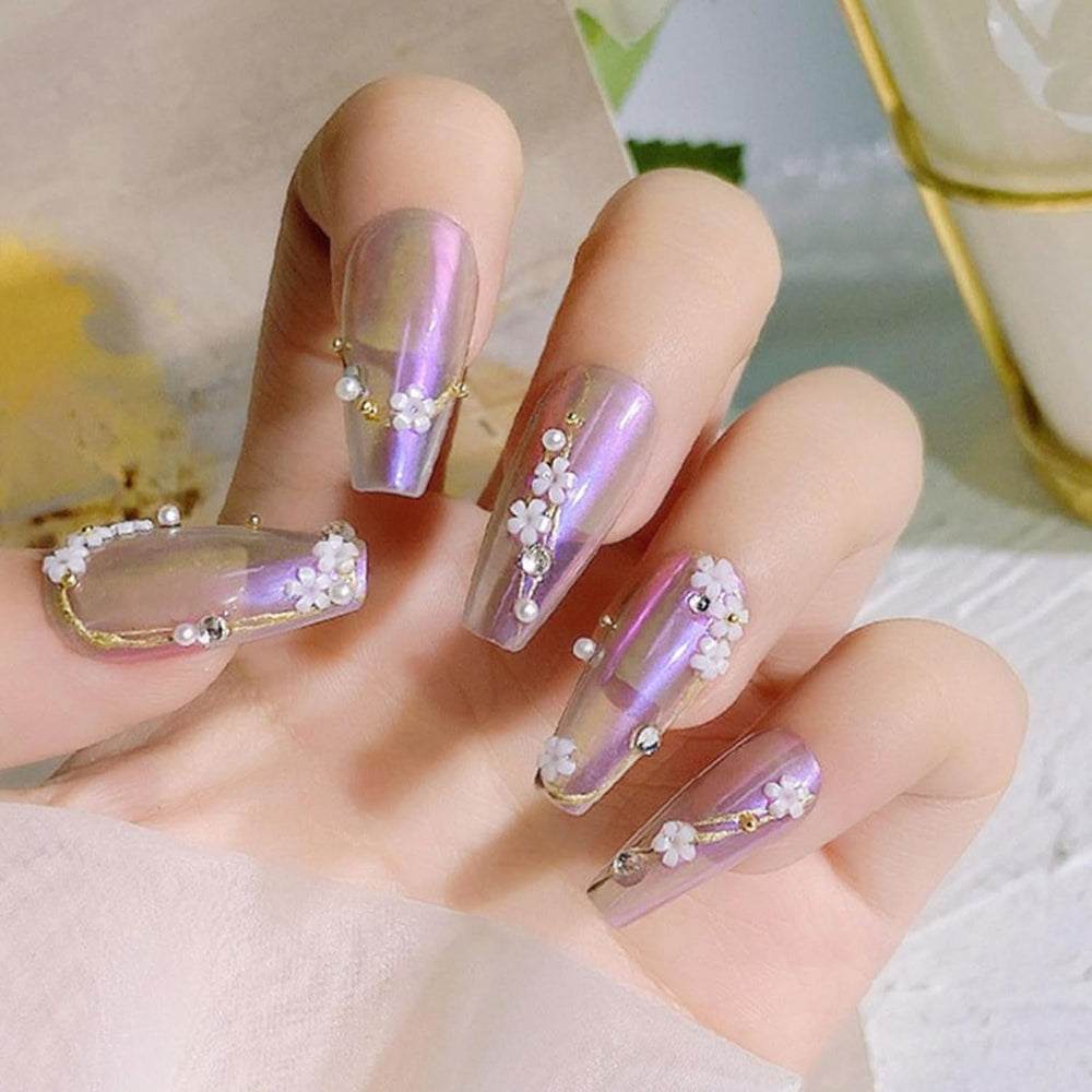 Talismani pentru unghii cu flori 3D, 12 grile de pietre pentru unghii din rășină acrilică cu flori și mărgele aurii și argintii, unghii cu gel floral, decorațiuni pentru unghii cu flori pentru femei și fete, accesorii DIY pentru manichiură