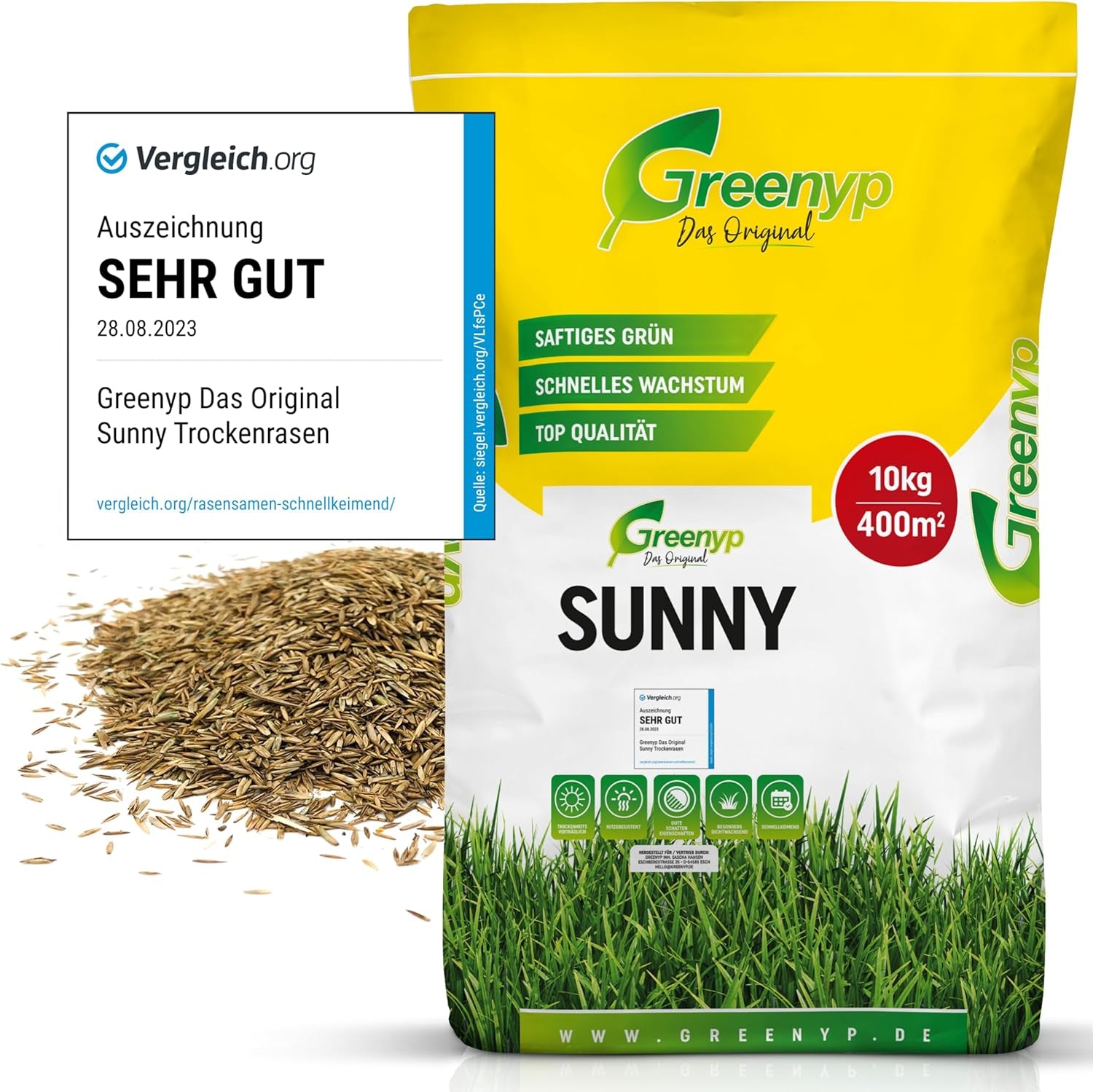 Greenyp® Sunny I Dürreresistenter Trockenrasen I 0,2Kg Für 10M² I Grassamen Rasensamen Rasensaat Gras Nachsaat Schnellkeimend