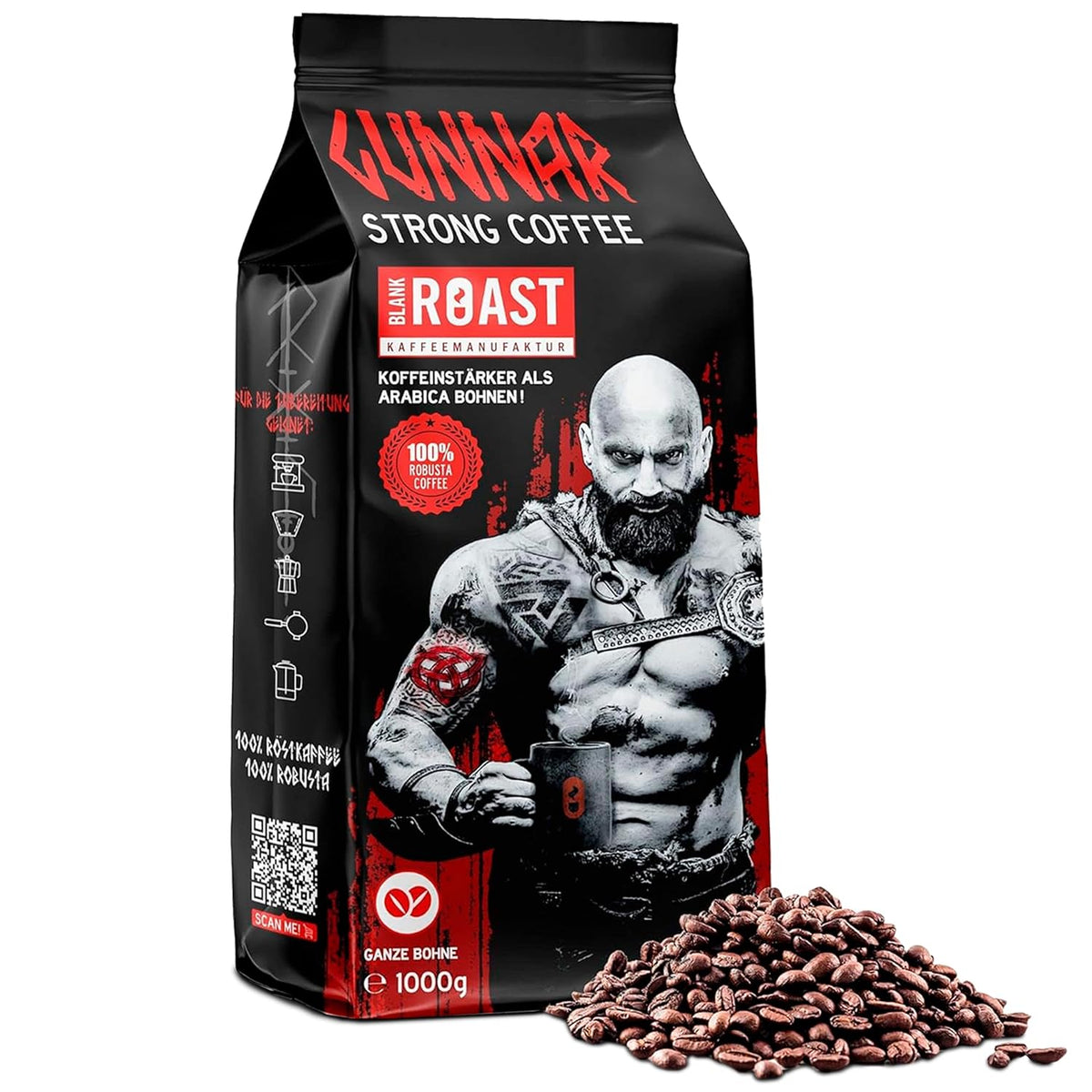 Rôti vierge - GUNNAR - 1kg - Café de Bohême entier extra fort - Kräftige Robusta-Röstung - 494mg Kaffein je Tasse - Würzig & Kraftvoll mit Noten von dunkler Schokolade - Säurearm