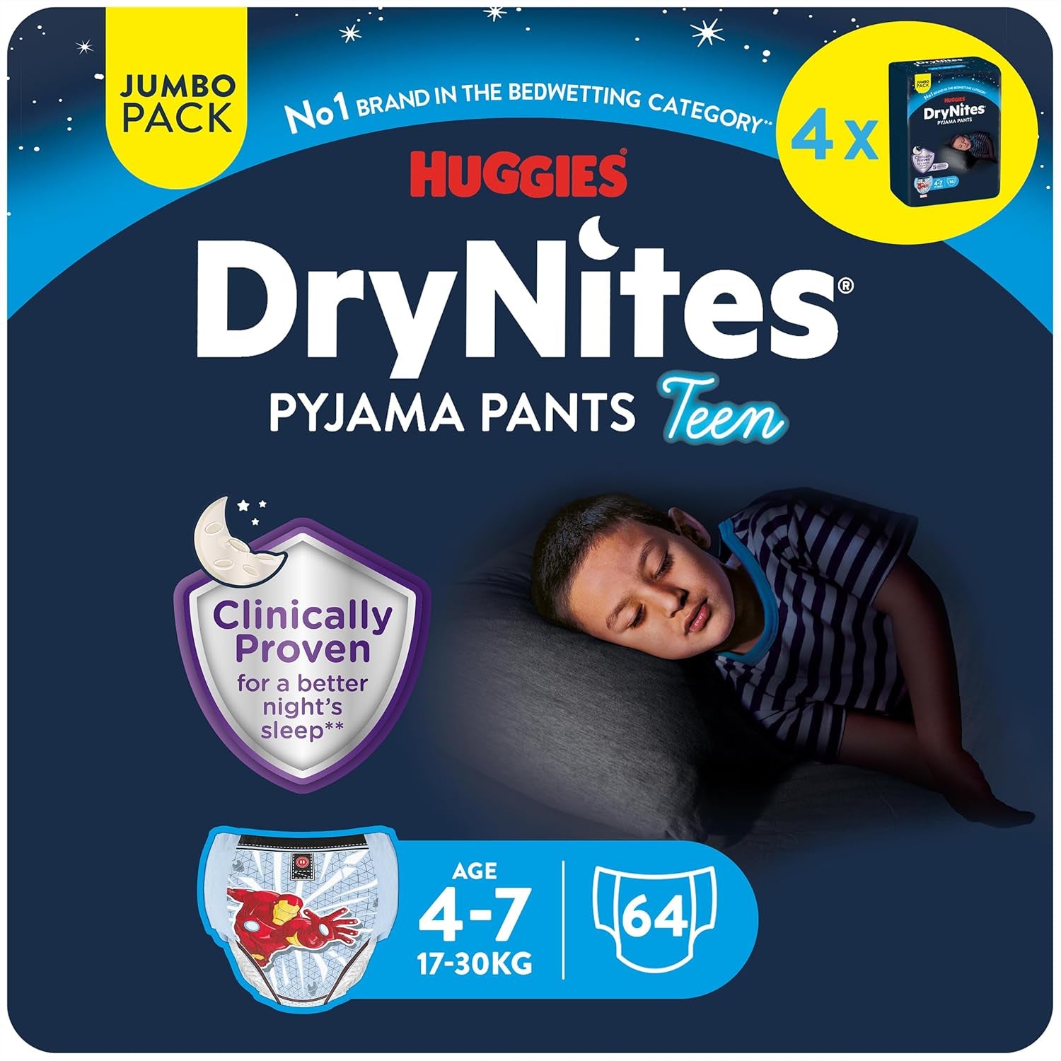 DryNites Couches absorbantes pour énurésie nocturne pour garçons de 4 à 7 ans (17 à 30 kg), paquet mensuel géant, 64 unités