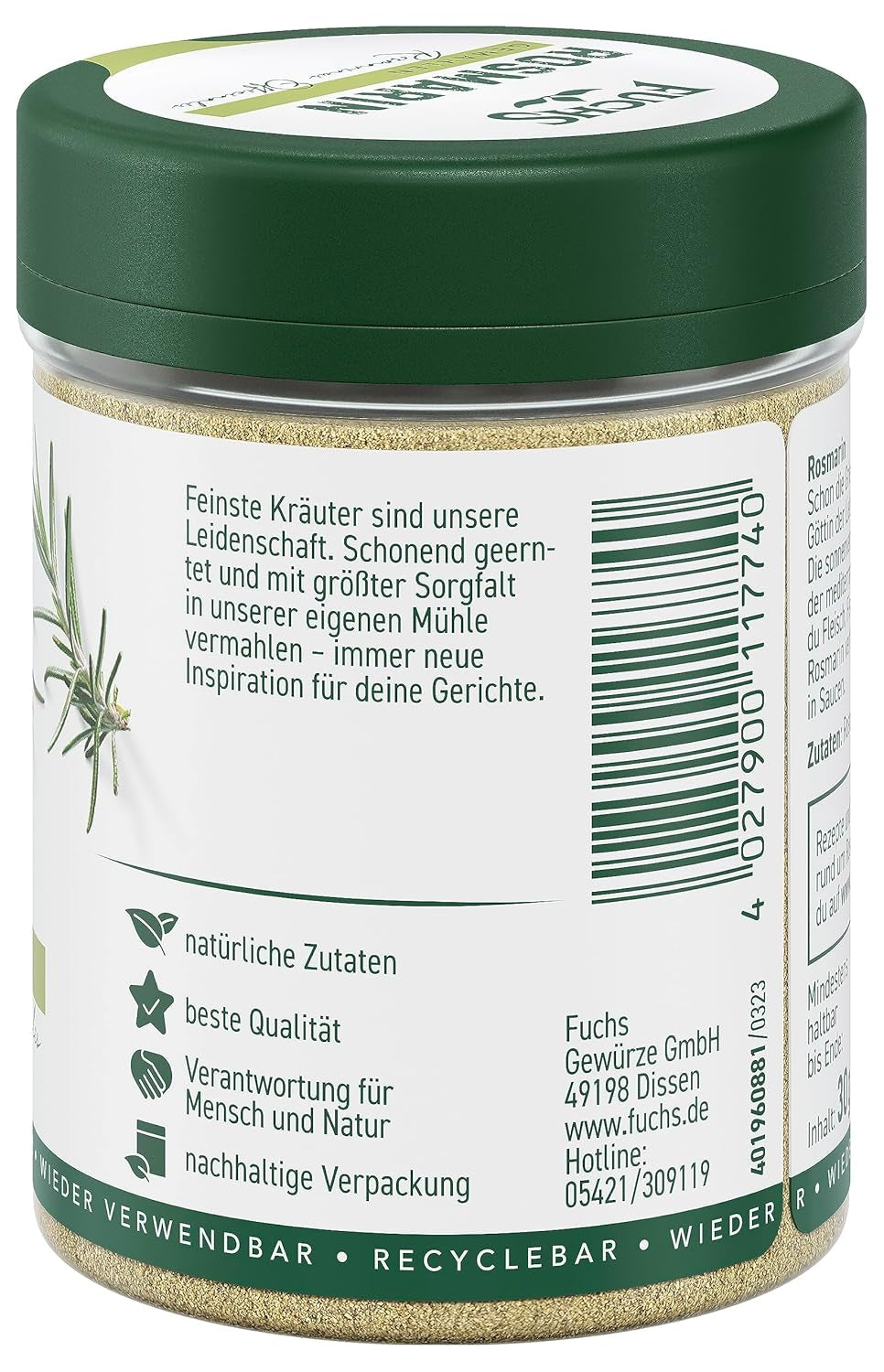 Fuchs Gewürze - Rosmarin gemahlen - zum Würzen von Fisch, Fleisch und Gemüse - ingrédients naturels - 30 g en dose variable, recyclable