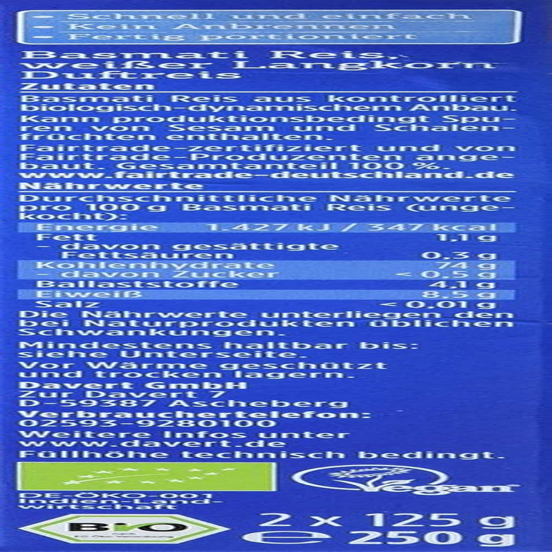 Riz Basmati bio Davert en sachets cuisson, 2 sachets, 250g