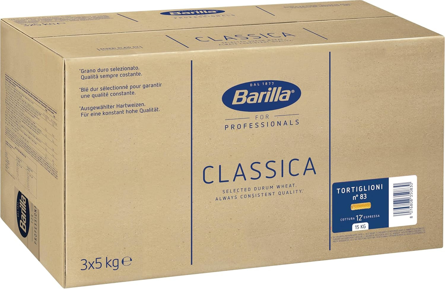 Tortiglioni Barilla pâtes de blé dur n. 83 – Paquet de 1 (1x5kg)