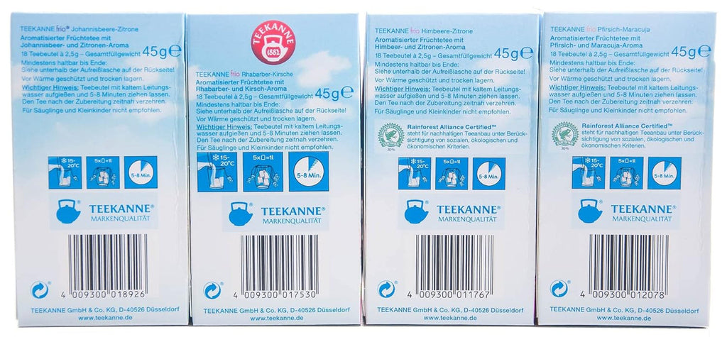 Teekanne Frio pachet de 4, rubarbă-cireșe, coacăze-lămâie, zmeură-lămâie, piersică-maracuja (4 x 45 g)