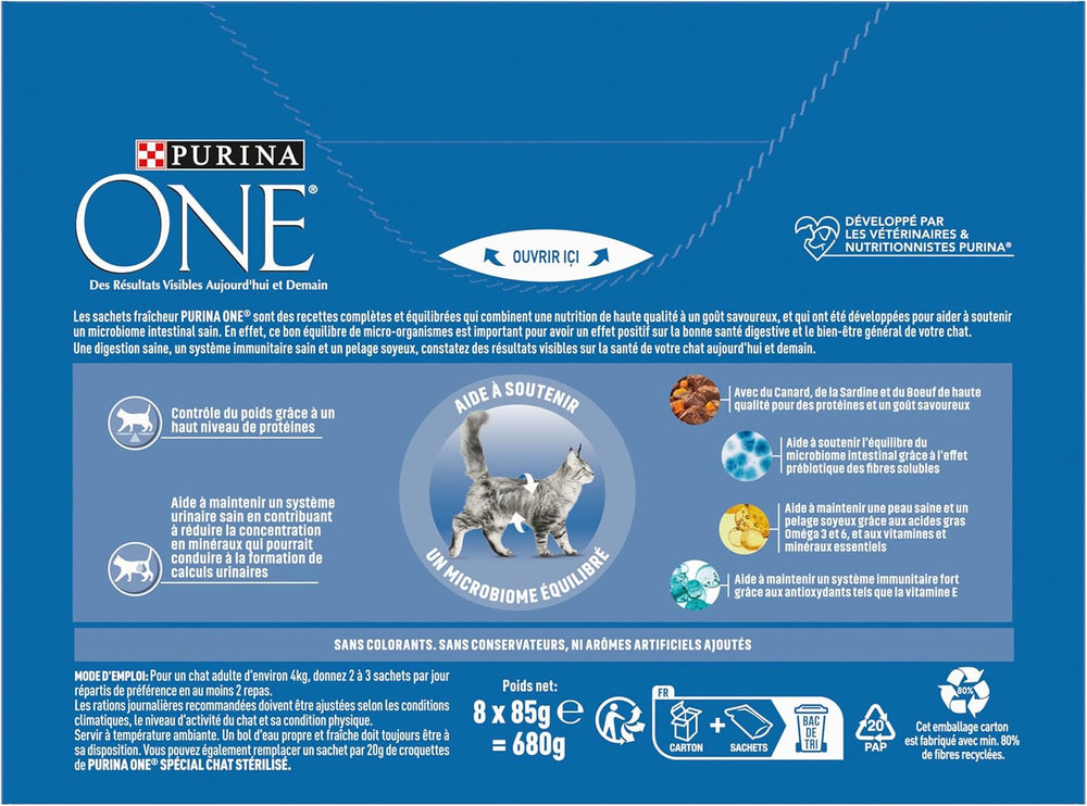 PURINA ONE | BIFENSIS | Hrană pentru pisici adulte sterilizate | Susține vitalitatea pisicii, oaselor, mușchilor și articulațiilor | În sos | Pliculețe cu rață, sardine, vită, prospețime | 1 bucată (8 x 85g)