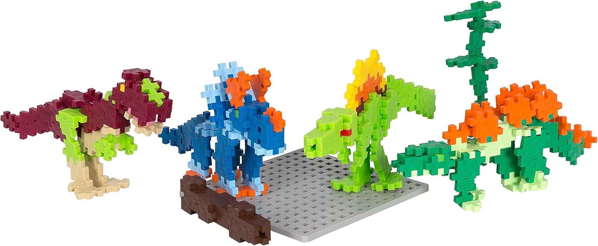 Plus-Plus 7266 Geniales Konstruktionsspielzeug, Dinosaurier-Mix, Bundle aus 4 verschiedenen Kreativ-Bausteine Tubes inkl. Bauplatte, 400 Teile, Mischfarben