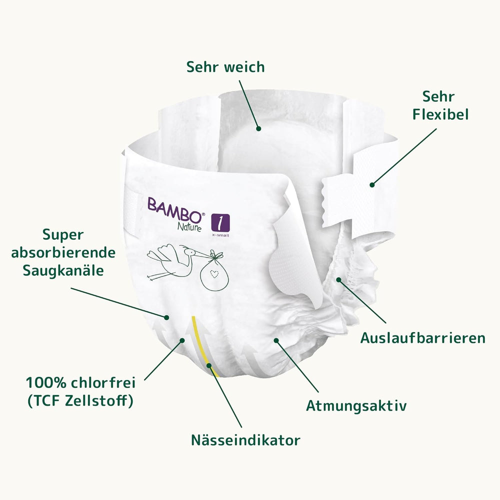 Couches pour bébé Bambo Nature, taille 1 (2-4 kg), boîte mensuelle de 132 unités | Couches haut de gamme avec protection améliorée contre les fuites | Confort et liberté ultimes pour les nouveau-nés | Couches testées dermatologiquement