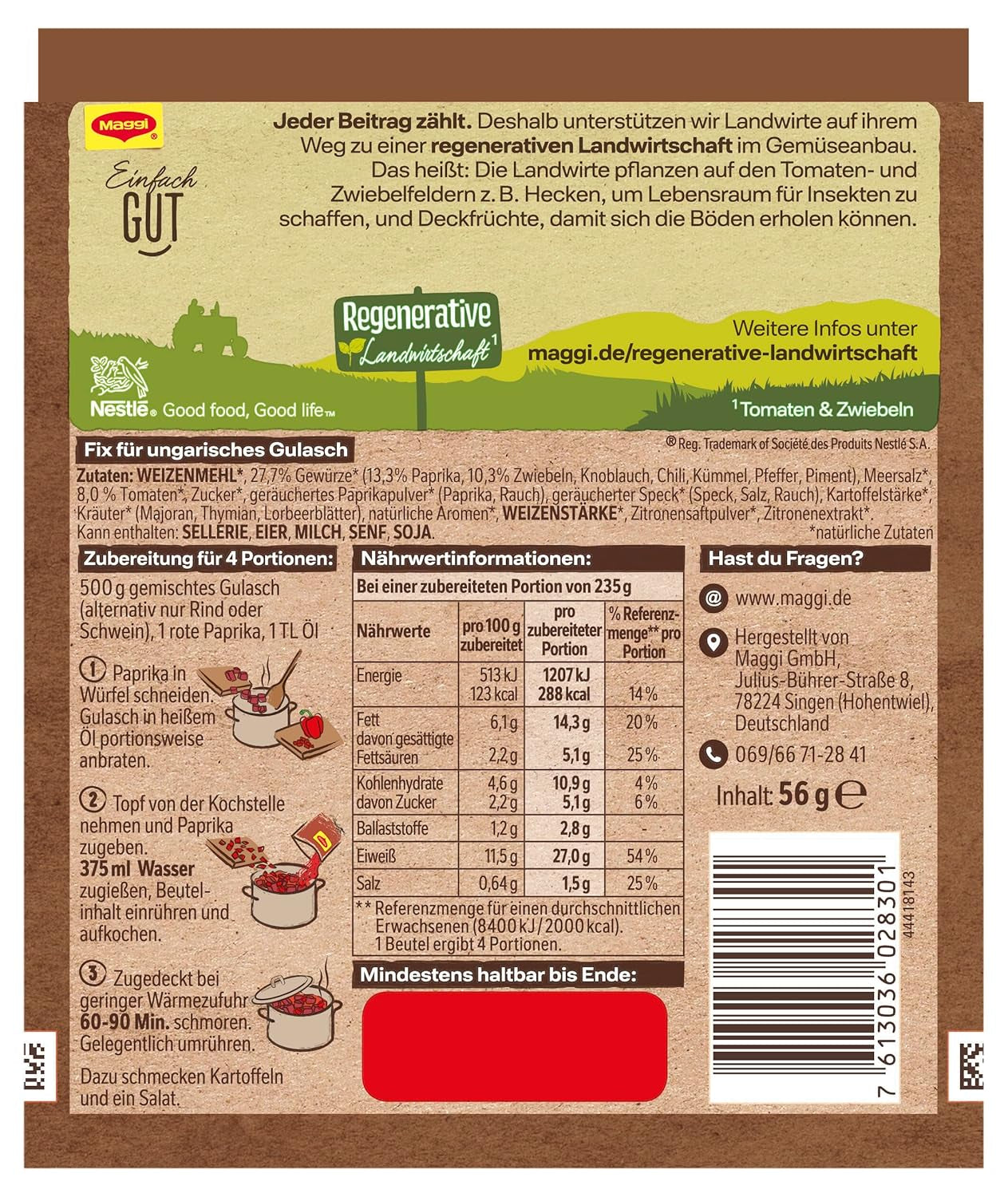 MAGGI Fix pour goulasch hongrois, Würzmischung, avec ingrédient naturel*, pour 4 portions, 1er paquet (1 x 56g Packung)