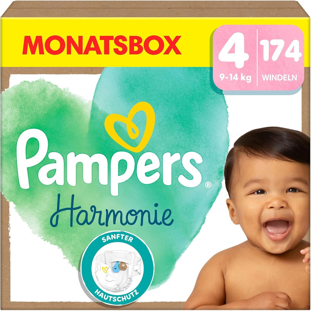 Couches Pampers Harmony taille 4, 174 couches, 9 kg-14 kg, protection douce de la peau avec protection 100 % Pampers