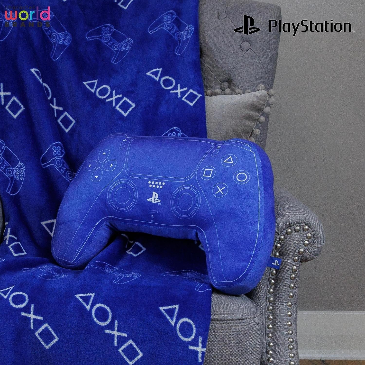 Character World : oreiller en forme de manette de Playstation sous licence officielle, design du combiné, oreiller en peluche | Parfaits pour la décoration d'une chambre ou d'un jeu, les oreillers standards bleus Naty Shop