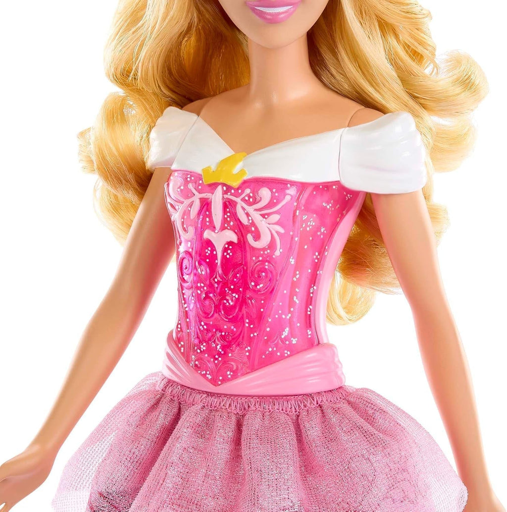 Mattel DISNEY Prințesa Aurora - păpușă cu ținută tipică, pantofi detașabili și diademă, top strălucitor și fustă detașabilă cu model, păr lung de coafat, HLW09 Papusi Naty Shop