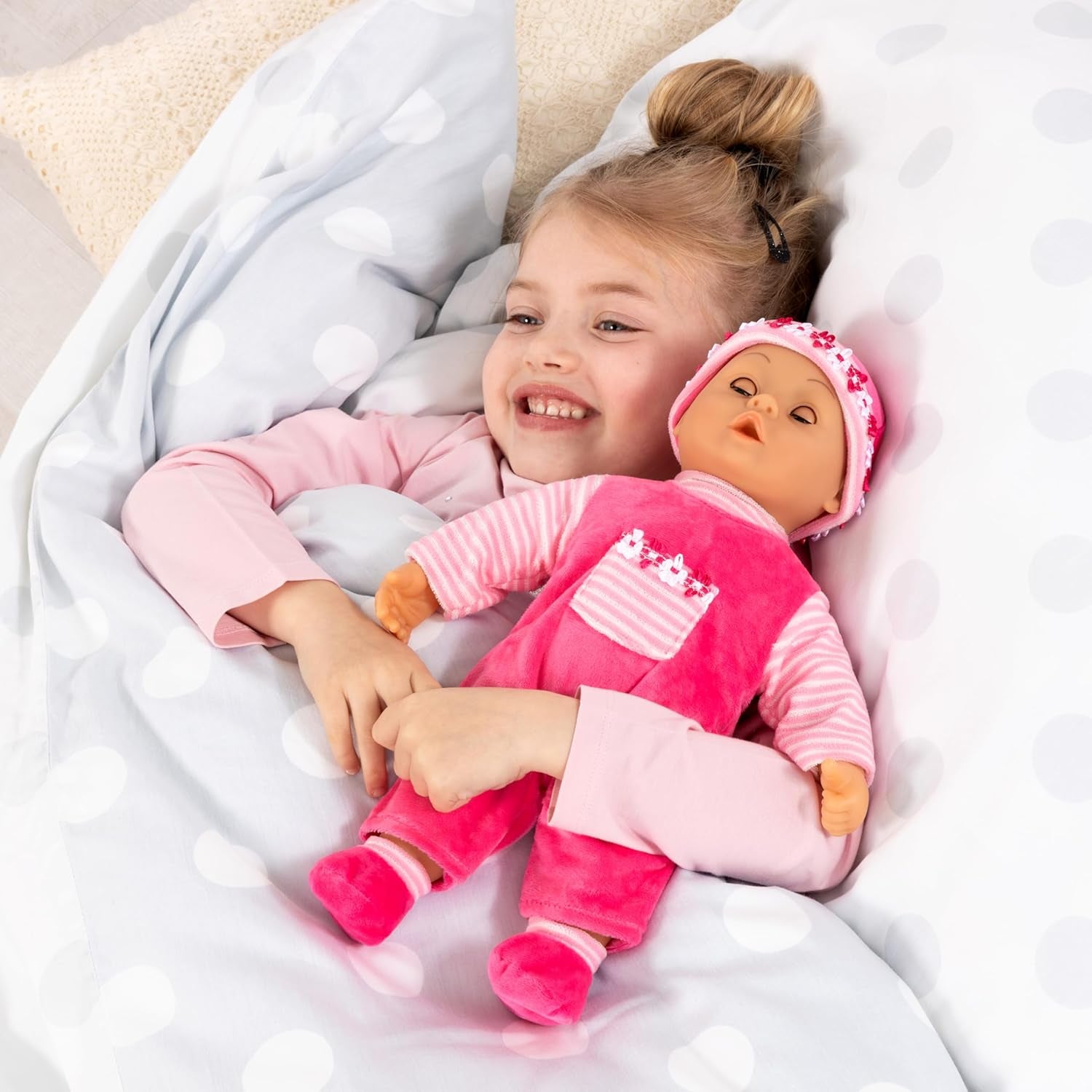 Bayer Design 93800-pink 93825AA Babypuppe First Words, Schlafaugen, spricht 24 Babylaute, weicher Körper, mit Schnuller und Flasche, 38 cm, rose