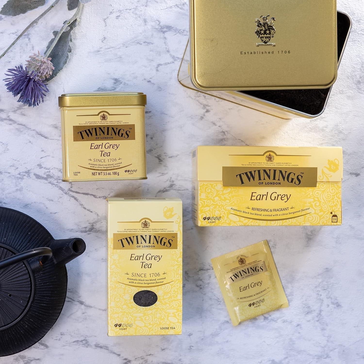 Twinings Earl Grey - Ceai negru în pliculețe, rafinat cu aromă de bergamotă - Ceai negru răcoritor din China, 25 pliculețe (50 g) (pachet cu 4)