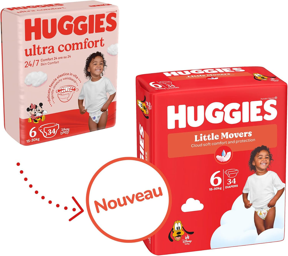Couches pour bébé Huggies Little Movers, motif Disney, taille 6, 102 pièces (3 x 34), boîte mensuelle