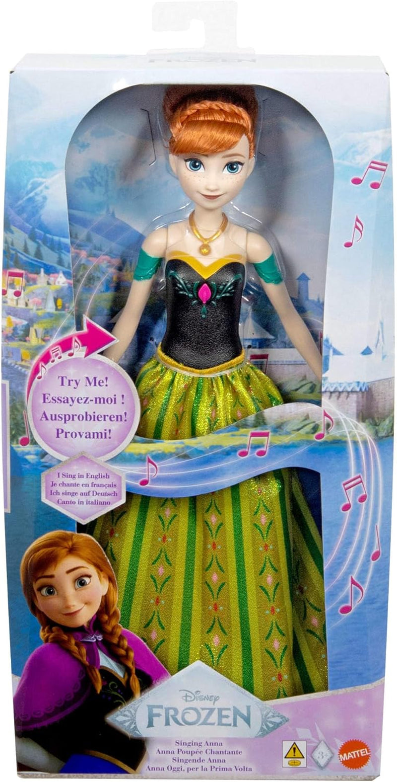 Mattel Toys Disney Frozen Anna poupée mannequin chantante en tenue emblématique chante "Pour la première fois" du film Disney en anglais, français, allemand, italien, JDL59