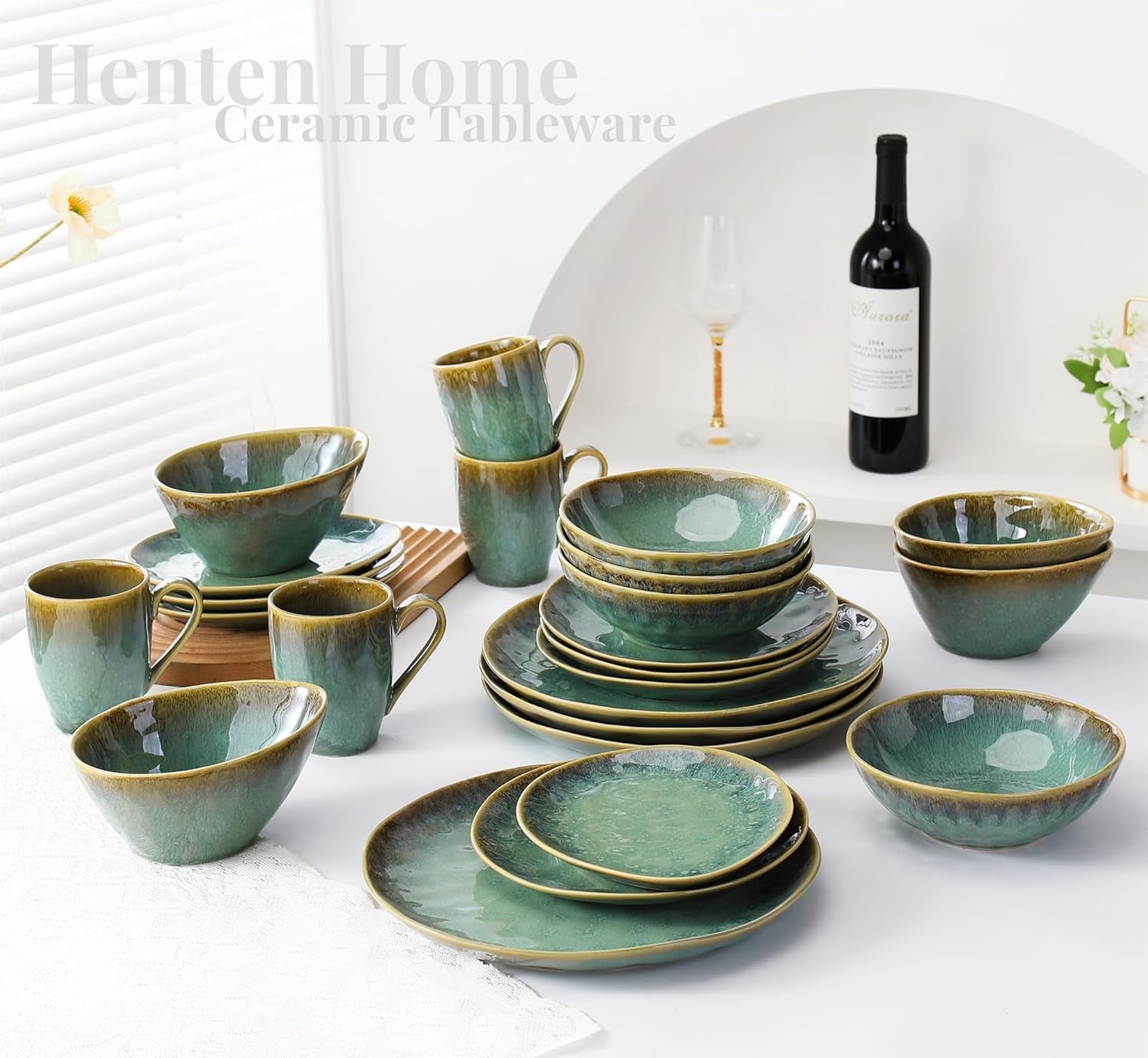 Henten Home Assiettes spéciales en grès, bols à snack et à sauce - 20x17cm pour 4 personnes, assiettes petit-déjeuner en porcelaine - design vert moderne