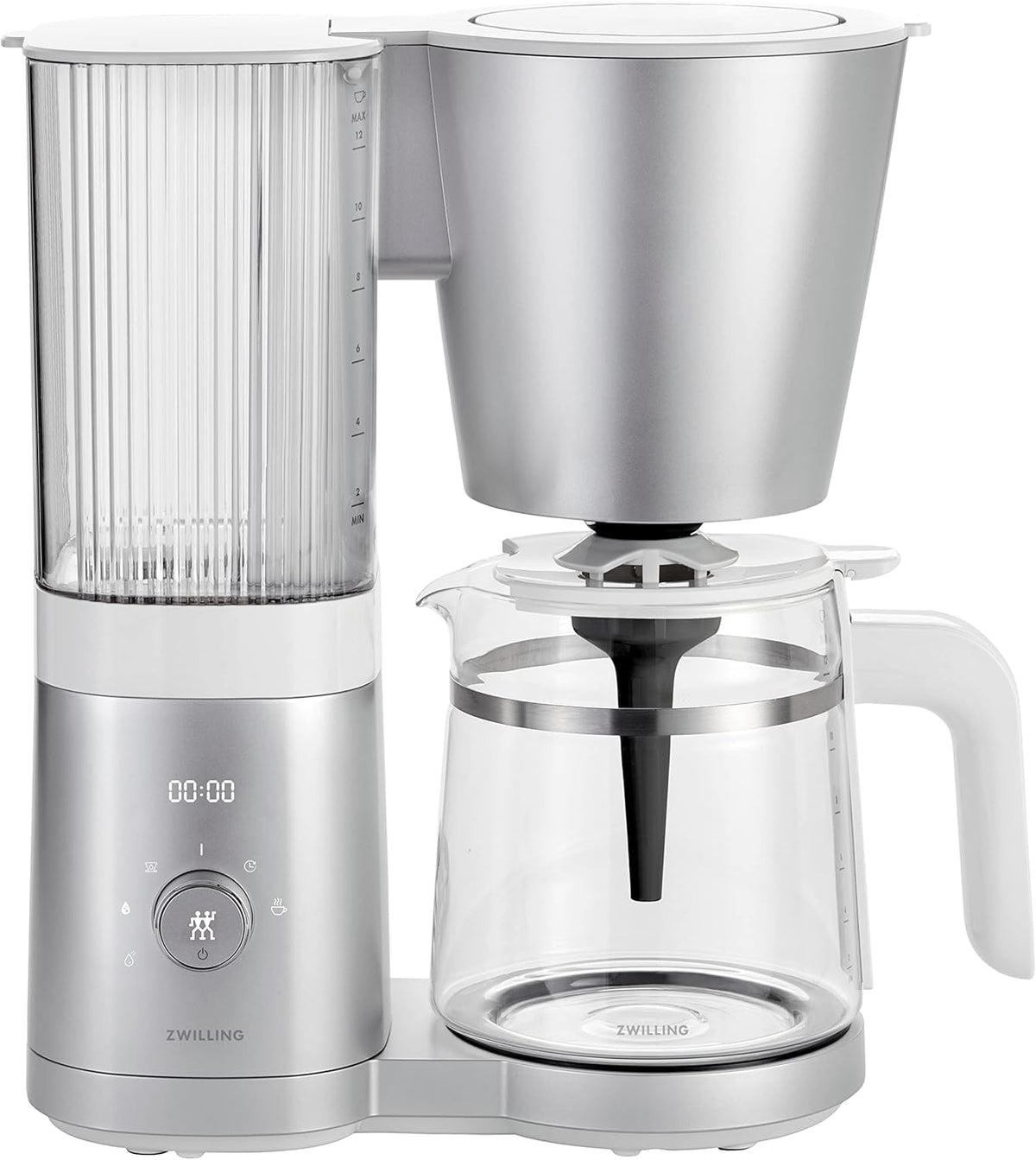 ZWILLING ENFINIGY Machine à expresso à filtre avec carafe en verre de 1,5 L, machine à expresso avec chaudière en acier inoxydable, fonction Blooming et détartrage intelligent, plastique, argent