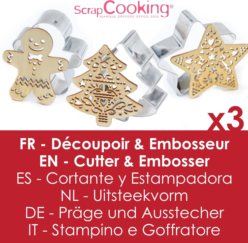SCRAP COOKING 2093 Set de pâtisserie avec coupe-chat en acier inoxydable et gaufrier en bois adapté au contact alimentaire de Noël