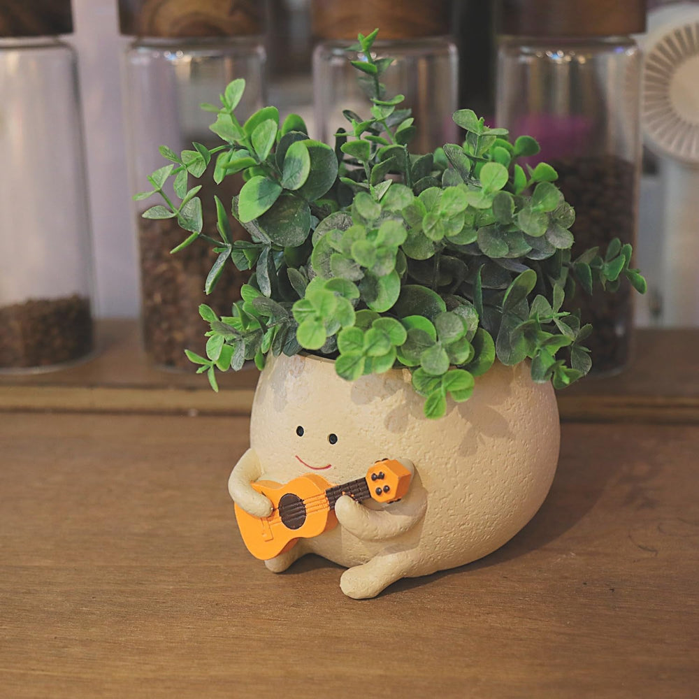 Smiley Face Pots de fleurs Tête de résine mignonne Collier de perles Pot de fleur Guitare unique Intérieur Extérieur Succulent Pot de fleur Idée cadeau pour maman