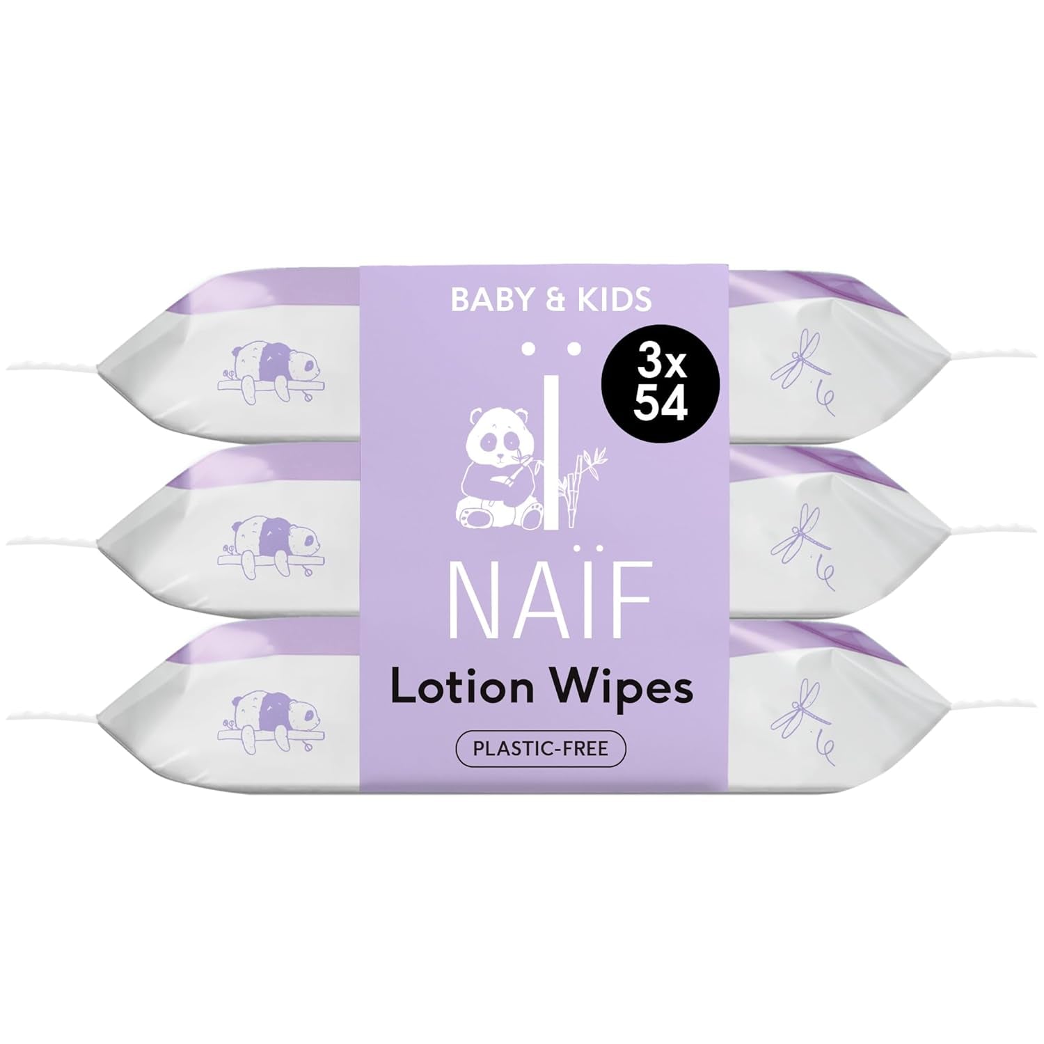 Naïf - Lingettes humides sans plastique - 162 pièces (3 paquets de 54 lingettes chacun) - pour bébés et enfants - fesses, corps, visage - à l'aloe vera et bambou - 0% parfum et alcool