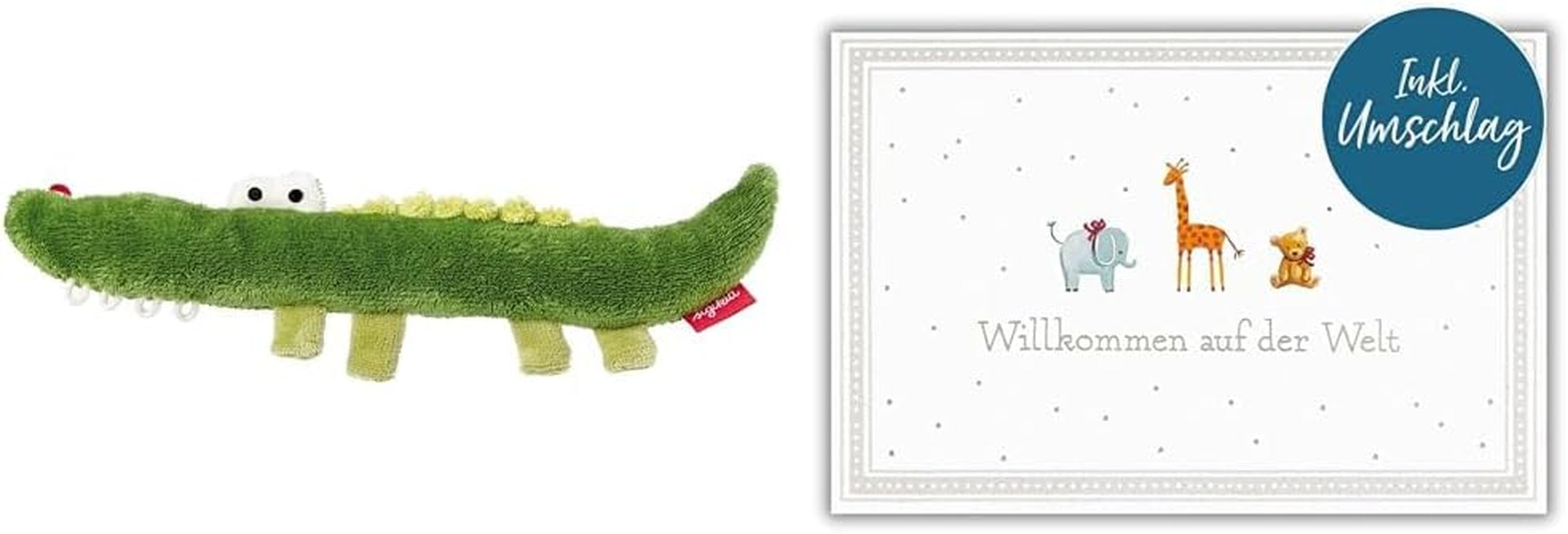 Sigikid 41169 Rattle rabbit Red Stars fete și băieți jucărie pentru copii recomandată de la naștere verde Jucarii Bebe Naty Shop Pachet cu card Crocodil