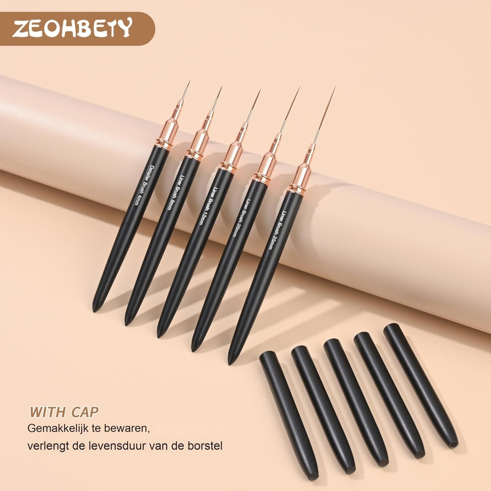 Lot de 5 pinceaux à ongles pour contour des ongles, ensemble de pinceaux de conception de peinture, outil de dessin de pointe d'ongle pour lignes longues, détails fins, dessin fin en taille 6/9/12/15/18 mm, noir