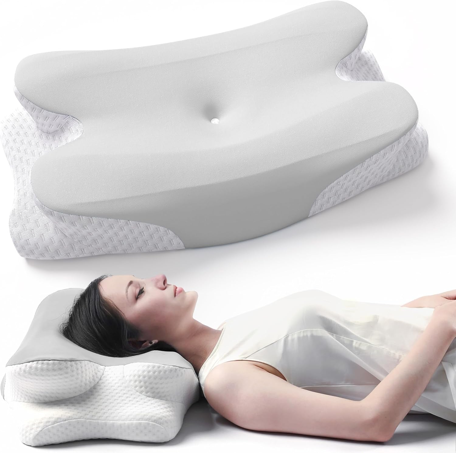 RUMMY Pernă ergonomică de susținere a gâtului din spumă cu memorie, cu husă detașabilă, lavabilă, pentru cei care dorm lateral și pe burtă (gri) Perne ortopedice cervicale Naty Shop Gri