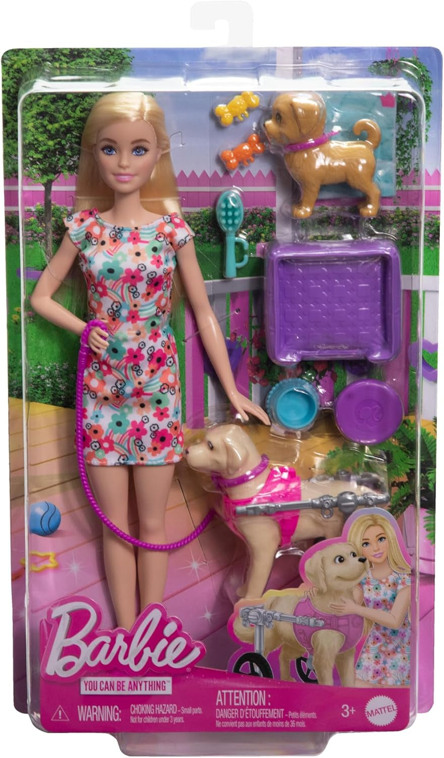 Barbie Hundeduo Puppe und Zubehör, inklusive Hündchen und großem Hund mit Rollstuhl, Leine, Fressnapf, Tierbett und Knochenleckerlis, für Kinder ab 3 Jahren, HTK37
