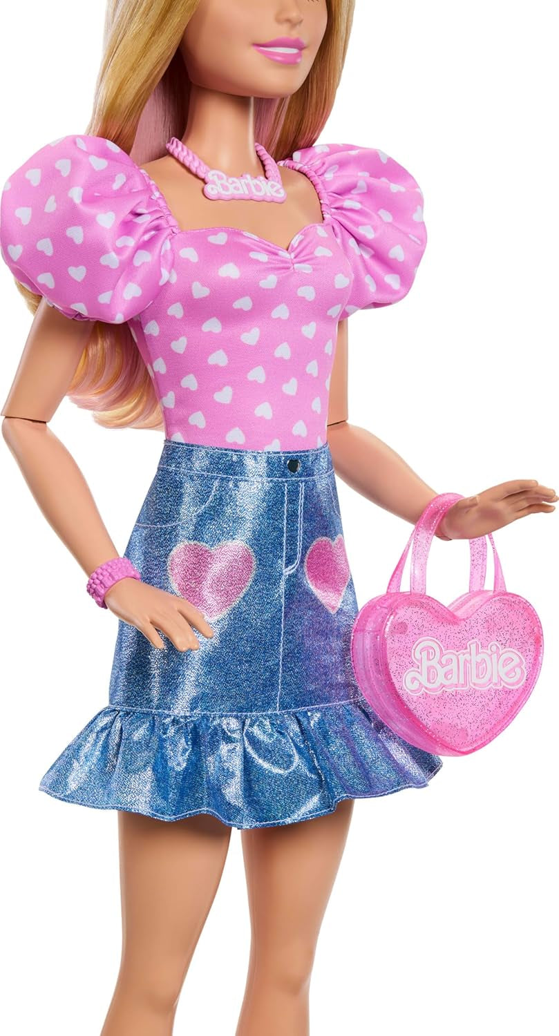 Poupée Barbie à la mode 71 cm blonde avec vêtements détachables haut rose jupe en jean bottes de cowboy collier et sac à main HYT84