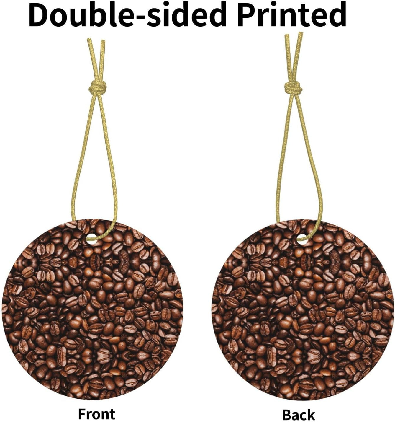 Grains de café torréfiés amusants, rond en céramique imprimé Double face avec ficelle dorée pour suspendre un décor festif pour la maison et le bureau