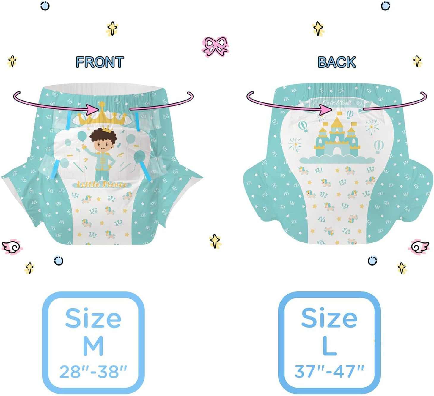 CutiePlusU Lot de 2 couches jetables pour incontinence avec rabats pour femmes et hommes, absorption maximale pendant la nuit – Petit Prince (moyen 71-96 cm)