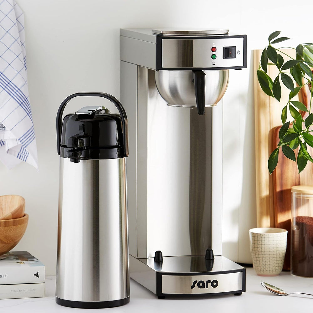 Machine à expresso Saro, avec carafe et pompe isolée en acier inoxydable – 2,2 l – temps de préparation env. 5–6 min – protection en cas de fonctionnement sans eau – 2,069 kW – modèle THERMO 24