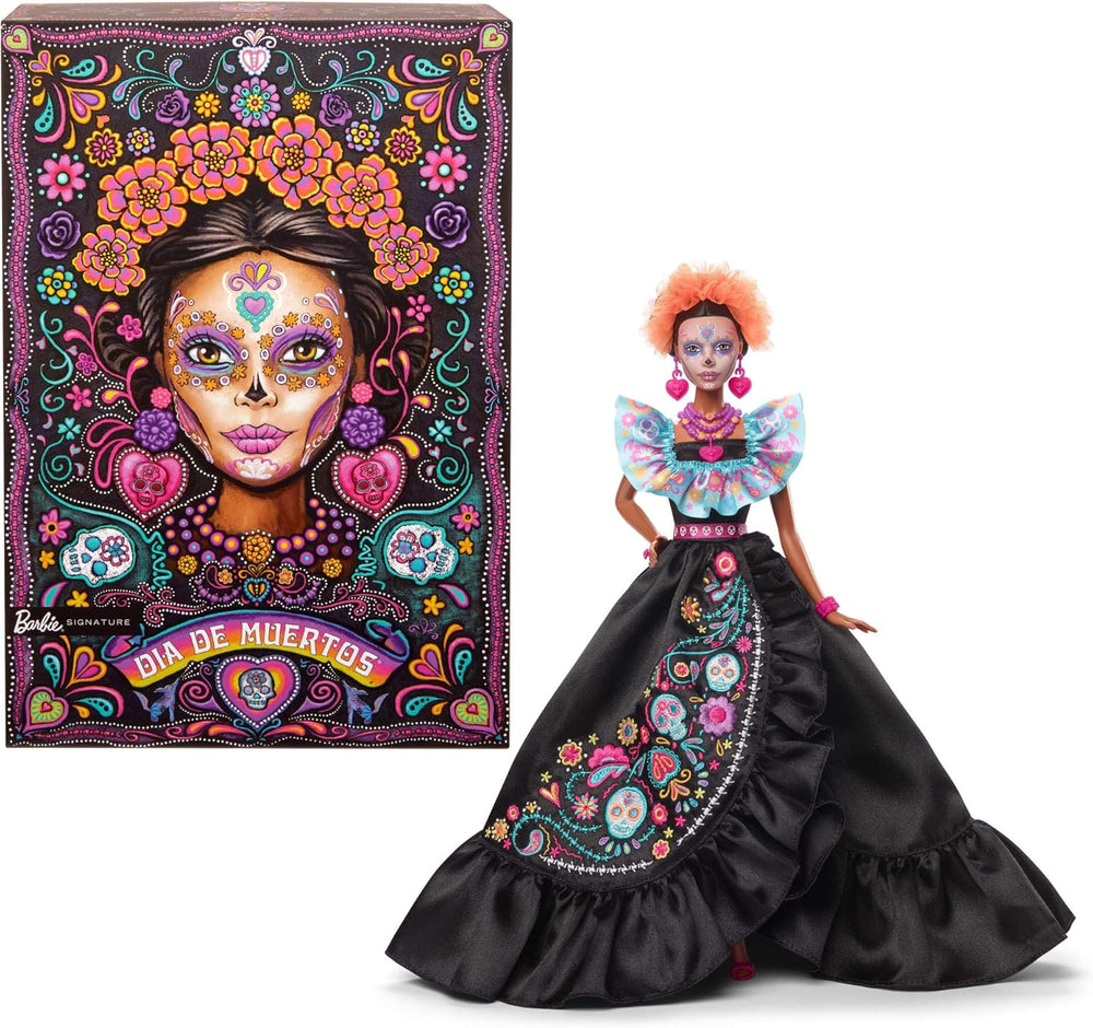 Poupée Barbie Signature, Figurine de collection Día De Muertos 2024 en robe noire et haut bleu à volants, imprimé brodé et accessoires colorés, HRM72