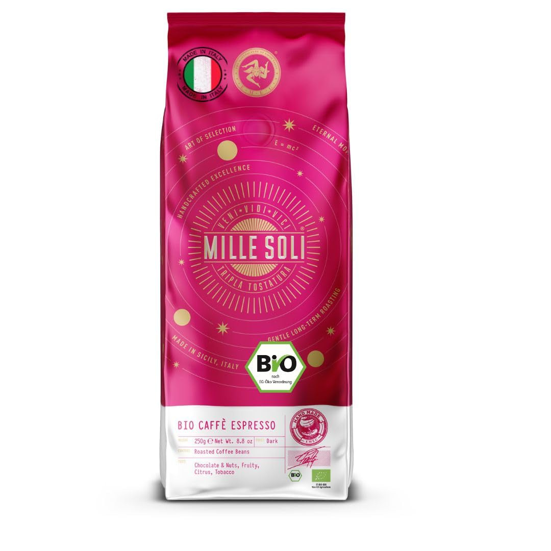 Café en grains d'espresso biologique 250 g - 100 % biologique - Torréfié en Sicile - Méthode de torréfaction artisanale vieille de plusieurs siècles - Grains d'espresso de qualité supérieure pour machines entièrement automatiques et porte-filtre