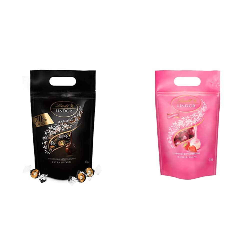 Boules de chocolat extra noir Lindt LINDOR et boules de chocolat crème aux fraises LINDOR | Sac refermable de 1 kg | env. 80 boules de chocolat blanc à la crème de fraise