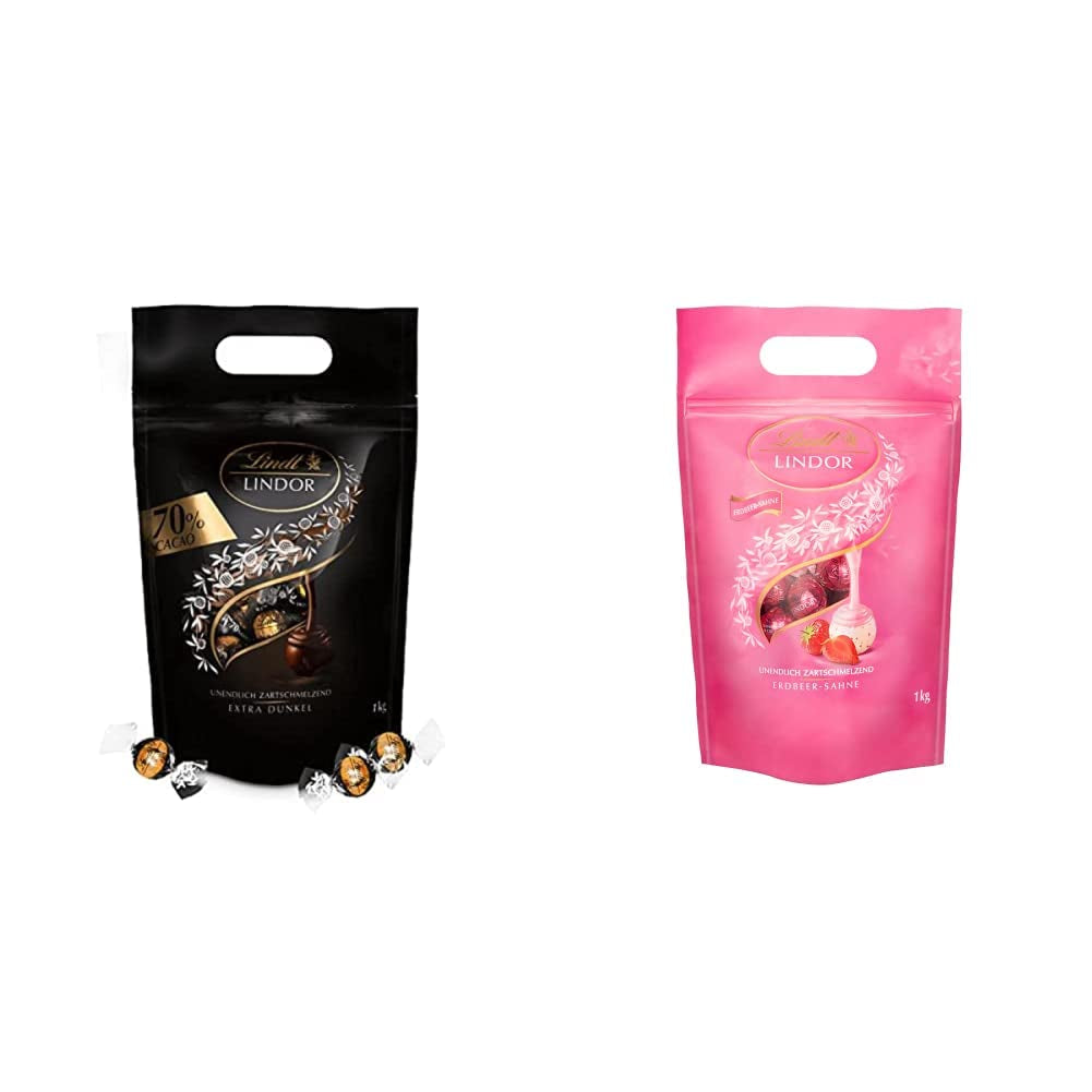 Boules de chocolat extra noir Lindt LINDOR et boules de chocolat crème aux fraises LINDOR | Sac refermable de 1 kg | env. 80 boules de chocolat blanc à la crème de fraise