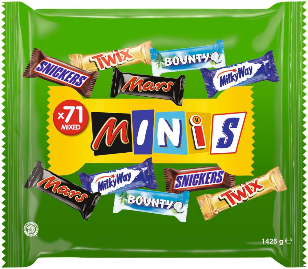 Mini pack mixte chocolat, 71 mini snacks chocolatés (Mars, Snickers, Bounty, Twix, Milky Way) sous forme de friandises, idéal pour une soirée football américain (1400g)