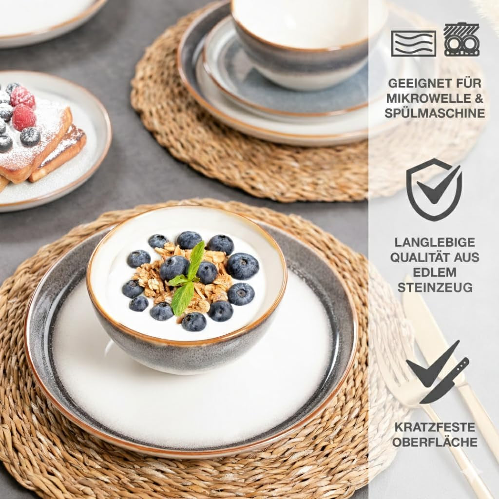 Moritz & Moritz TARENTO Service de table 24 pièces pour 6 personnes, gris – Service d'assiettes élégant en grès de haute qualité – Le service de table comprend 6 assiettes plates, 6 assiettes à dessert, 6 assiettes plates et 6 tasses.
