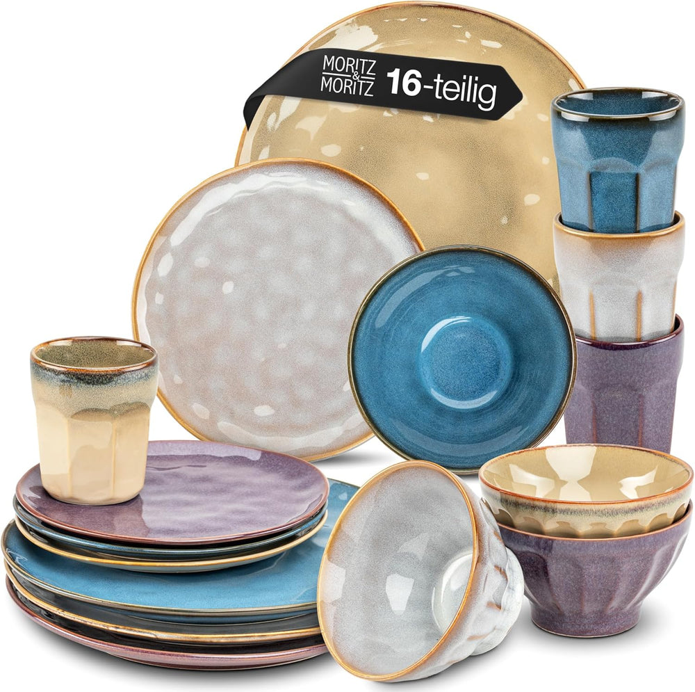 Moritz & Moritz COPA 16-tlg Geschirrset 4 Personen - Elegantes Teller Set aus hohrstandigem Steinzeug - Geschirr Set 4 Personen aus je 4x Dinnerteller, Dessertteller, Müslischale & Kaffeebecher