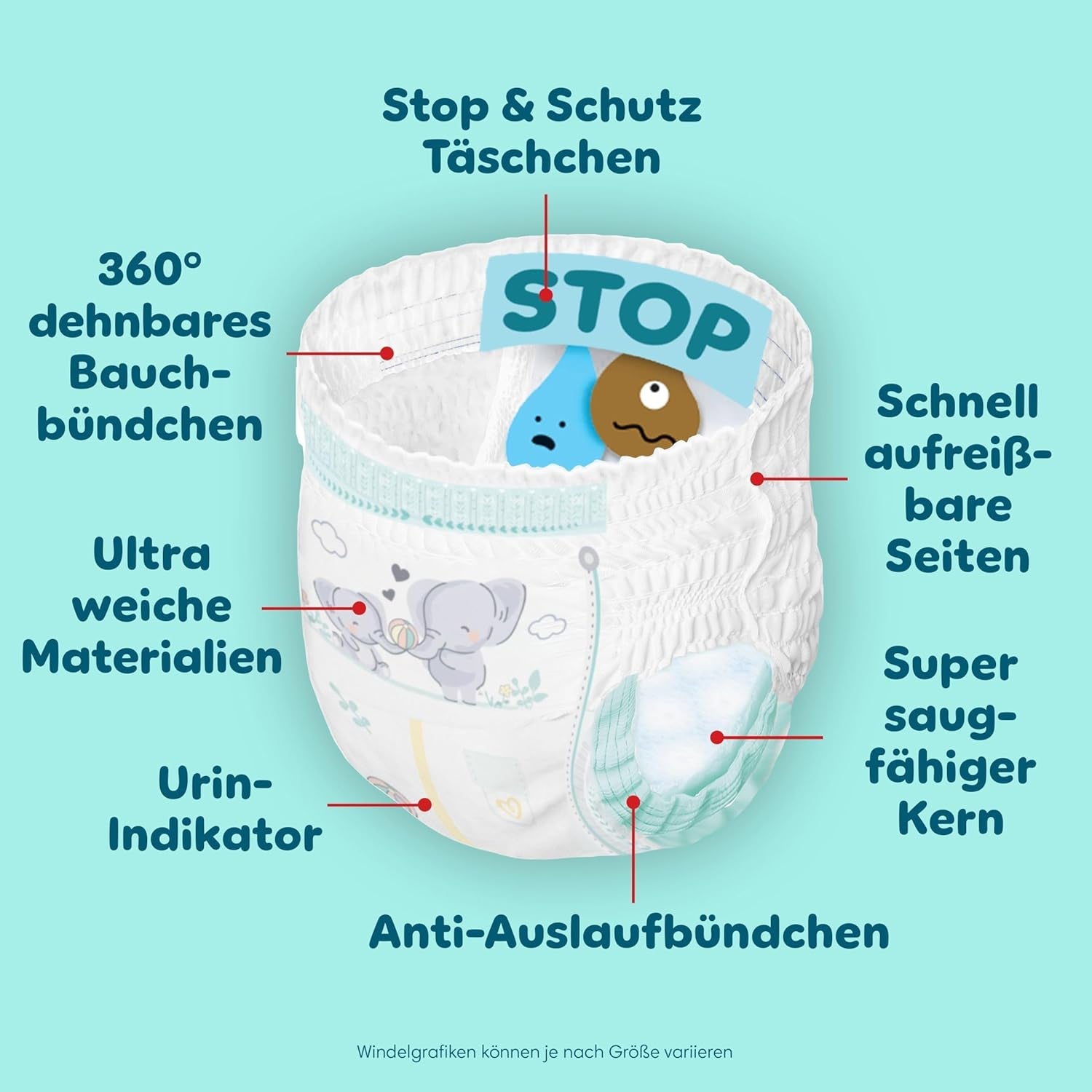 Pantalon de protection Pampers Premium Taille 7, 123 couches, 15 kg+, avec réglage à 360° et poignets anti-fuites souples pour un confort et une protection optimaux