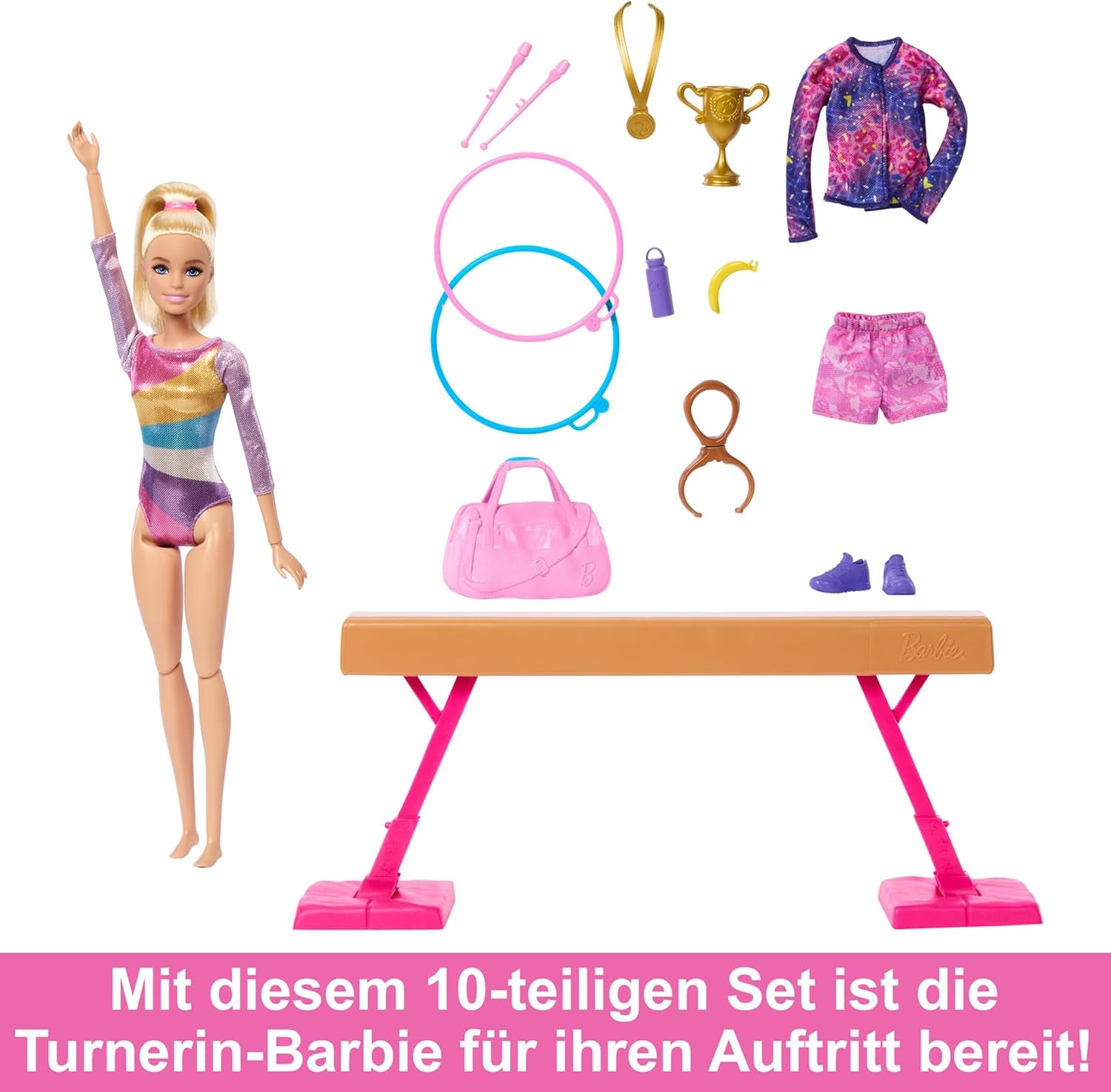 Barbie - Coffret de jeu amusant de gymnastique avec poutre d'équilibre et plus de 10 pièces thématiques pour des histoires gagnantes, HRG52