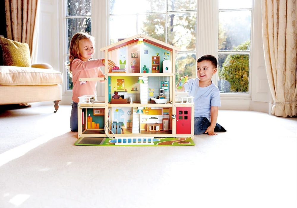 Hape Doll's Villa Maison de poupée en bois de 10 pièces, jeu de rôle créatif comprenant des meubles et des accessoires, jouet éducatif pour 3 ans et plus