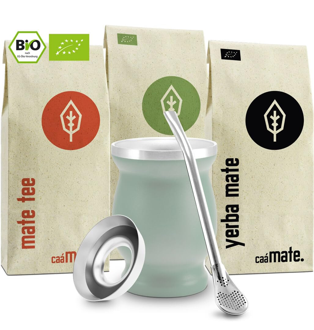 Service à thé Mate Bio ● 3 assortiments de Mate + Mug Mate en acier inoxydable à double paroi + Bombilla + Instructions de préparation (Noir)